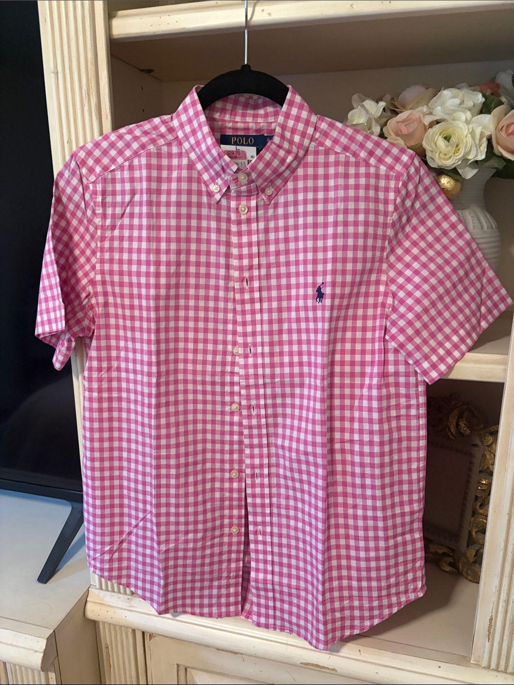 Polo by Ralph Lauren boys Pink White Gingham Short-Sleeve Button-Down Shirt L